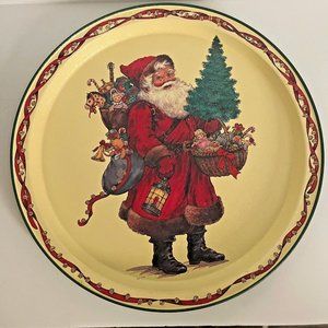 Santa Holiday 13.5"Collectible Tin Round Metal Tray/Platter 1991 Potpourri Press